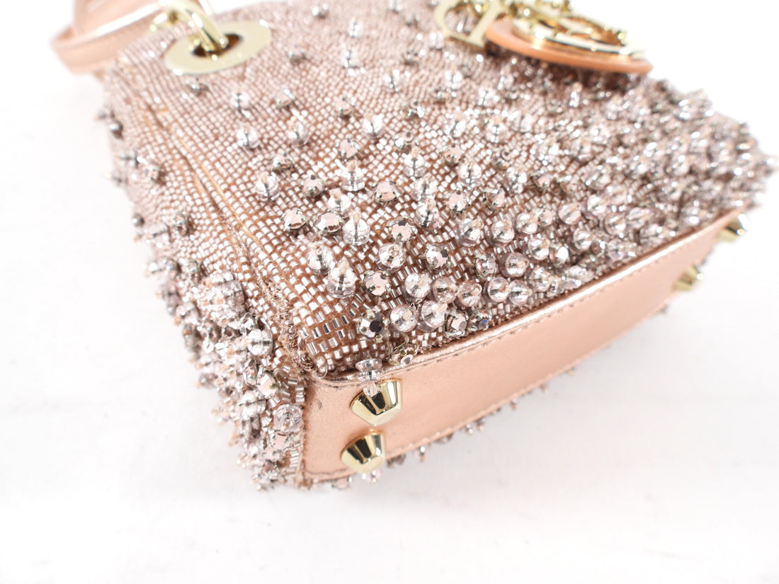 Dior Lady Dior Pink Metallic Leather Bead Crystal Embroidered Micro Bag