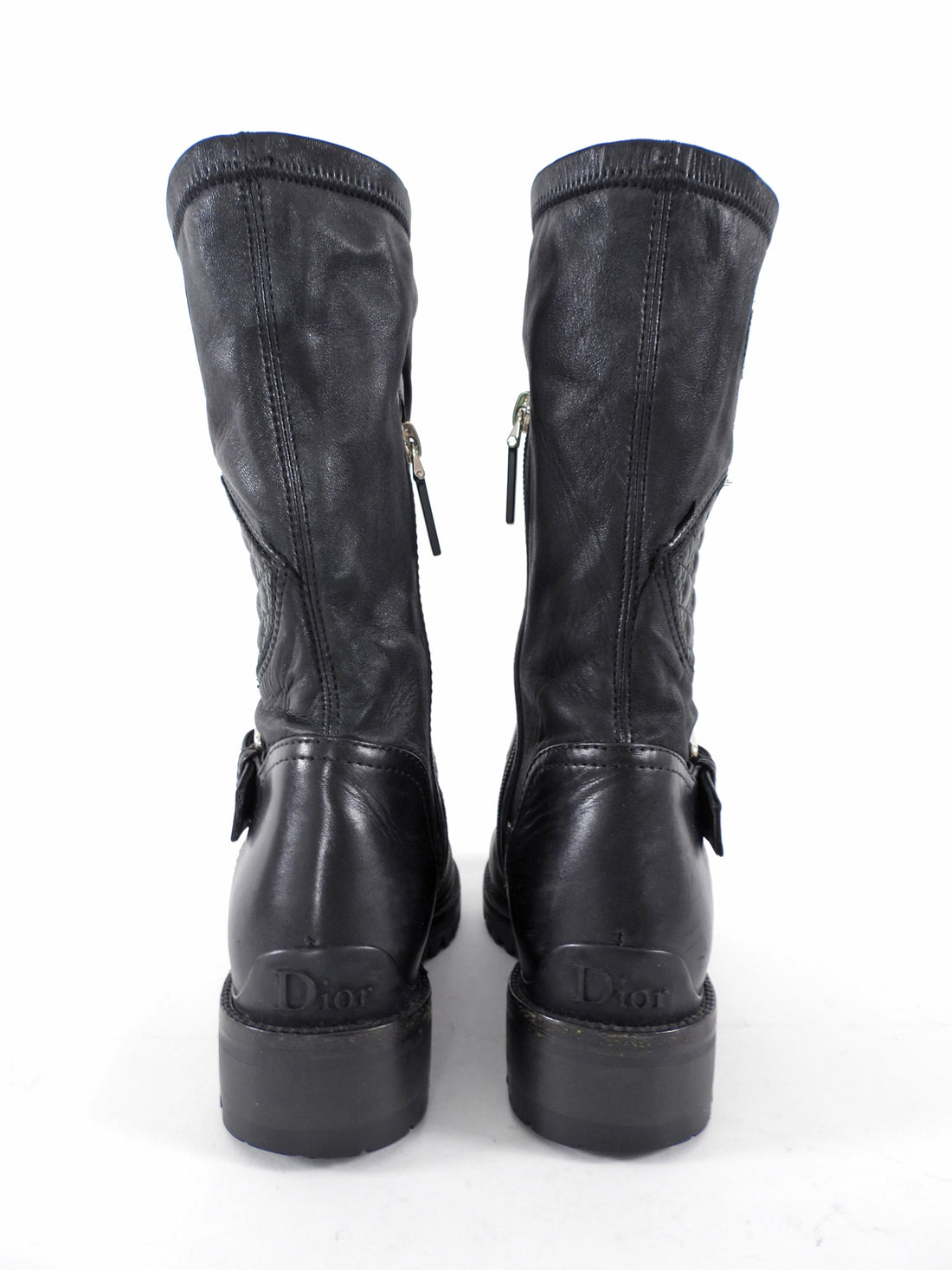 Christian Dior Black Stretch Nappa CD Quilted Moto Boots - 34.5