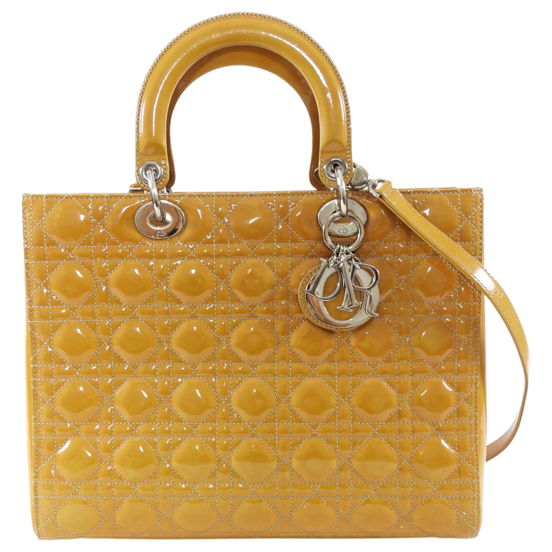 Christian Dior Vintage Large Mustard Patent Cannage Lady Dior SHW