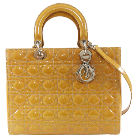 Christian Dior Vintage Large Mustard Patent Cannage Lady Dior SHW