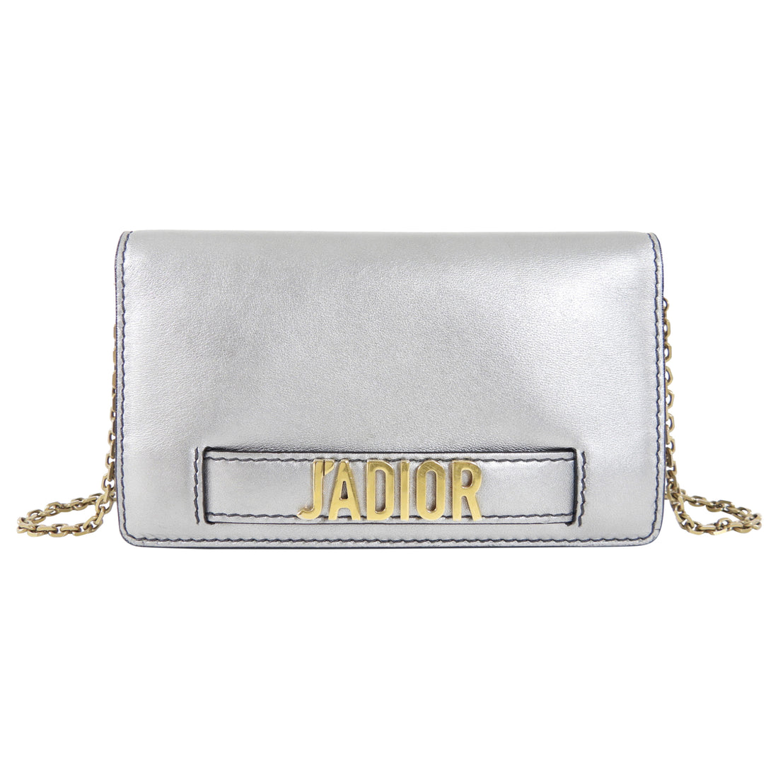 Christian Dior Metallic Silver Calfskin J'ADIOR Leather Wallet on Chain
