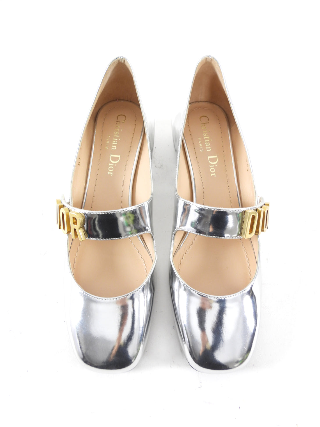 Christian Dior Silver Metallic Baby D Block Heel Mary Jane Shoes - 35.5
