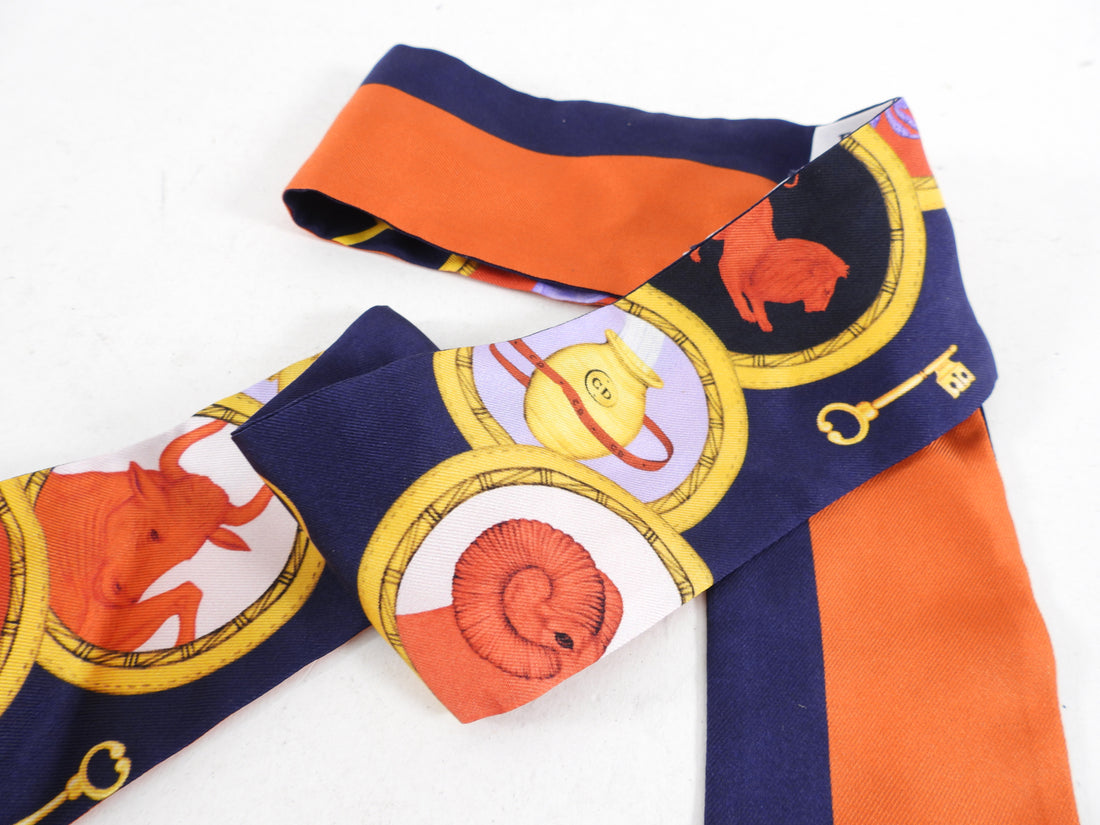 Dior Astrologie Navy and Orange Silk Twilly Scarf