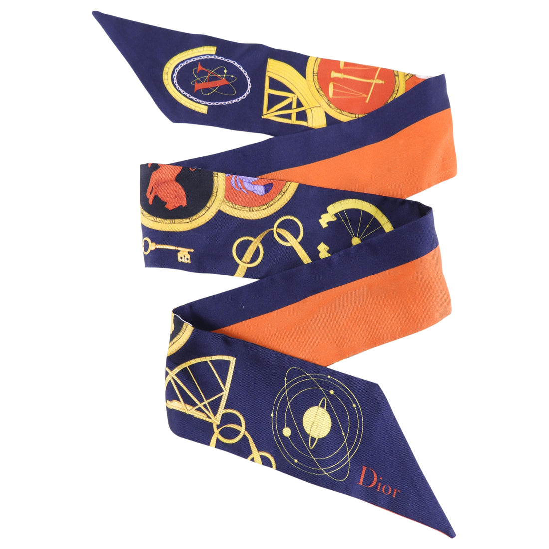 Dior Astrologie Navy and Orange Silk Twilly Scarf