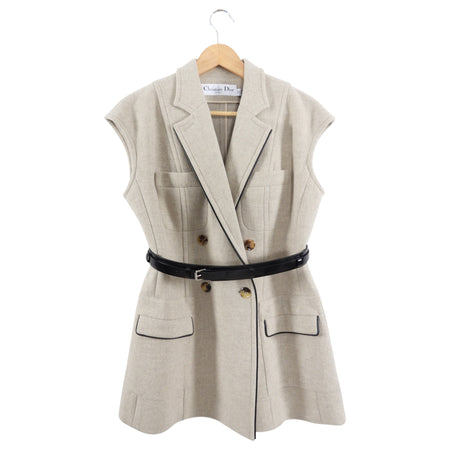 Christian Dior Beige and Black Leather Belted Sleeveless Vest Jacket - FR40 / 8