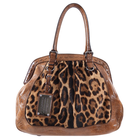 Dolce Gabanna Brown Leather Leopard Calf Bowler Bag