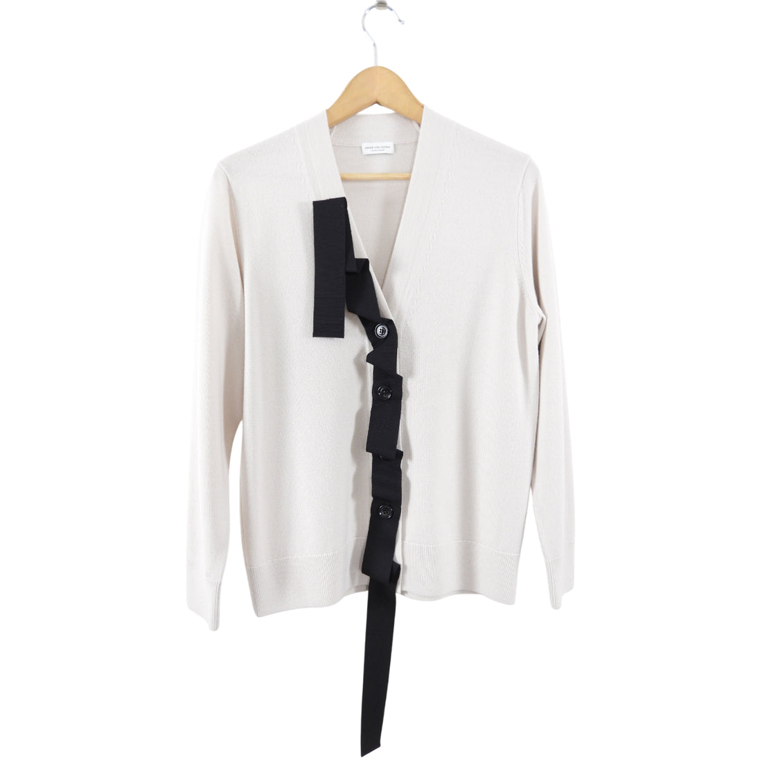 Dries Van Noten Ivory Cardigan with Black Grosgrain Ribbon Trim - XS / S