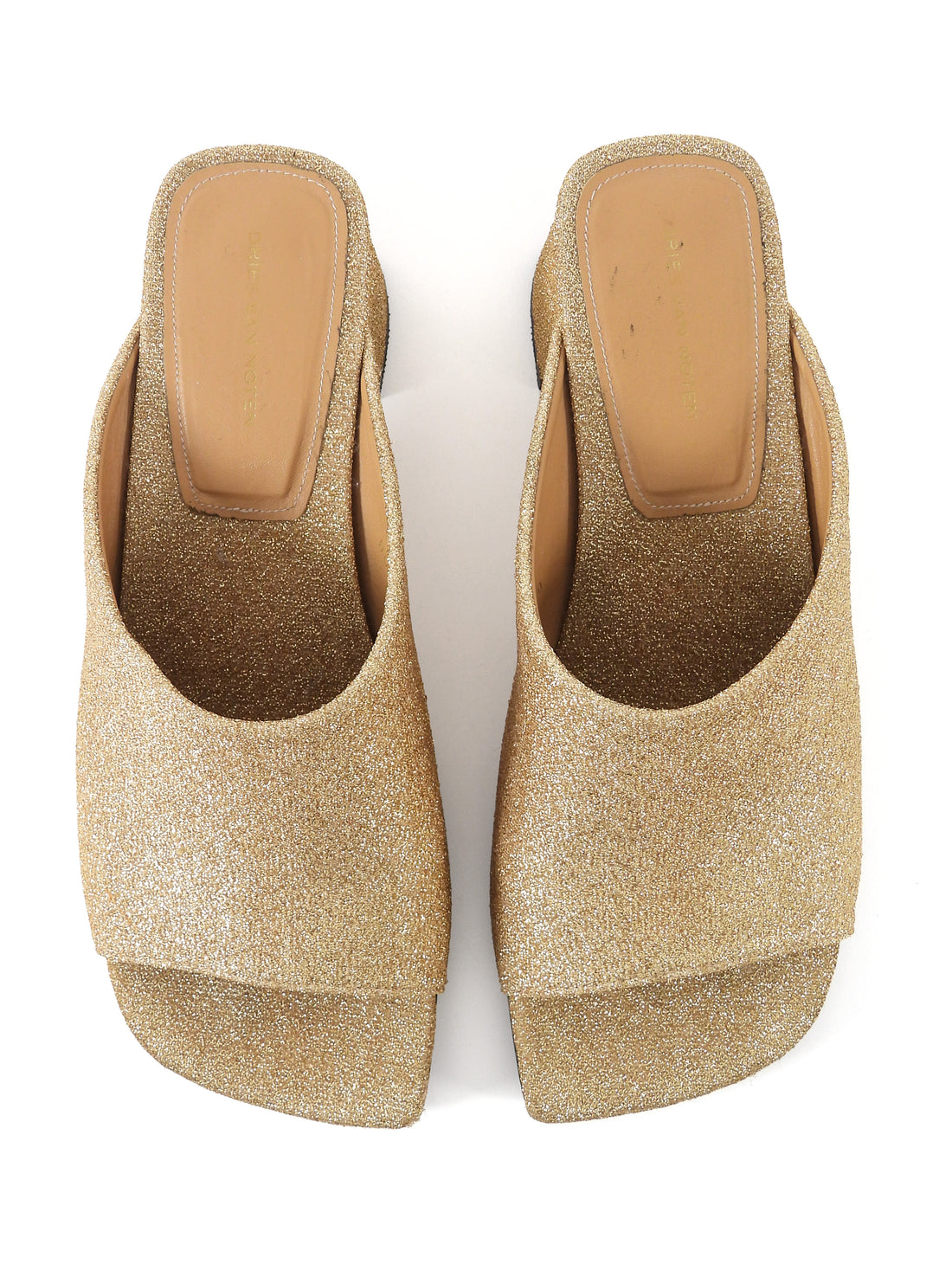 Dries van Noten Gold Glitter Fabric Open Toe Block Heel Mules - 38.5