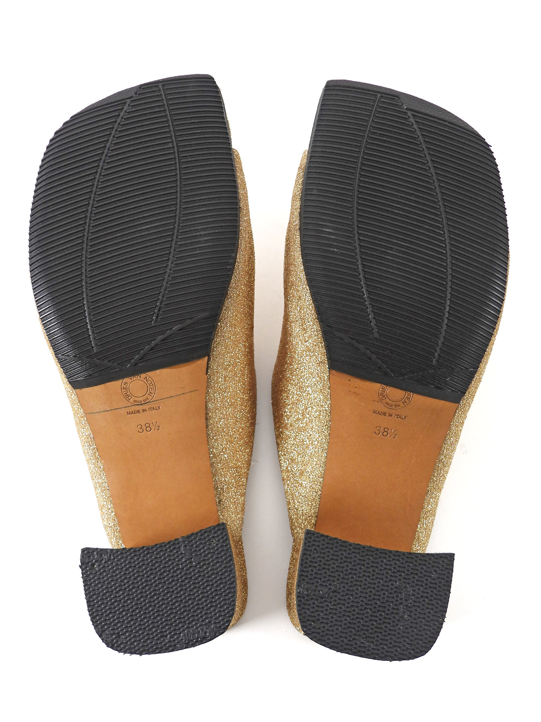 Dries van Noten Gold Glitter Fabric Open Toe Block Heel Mules - 38.5