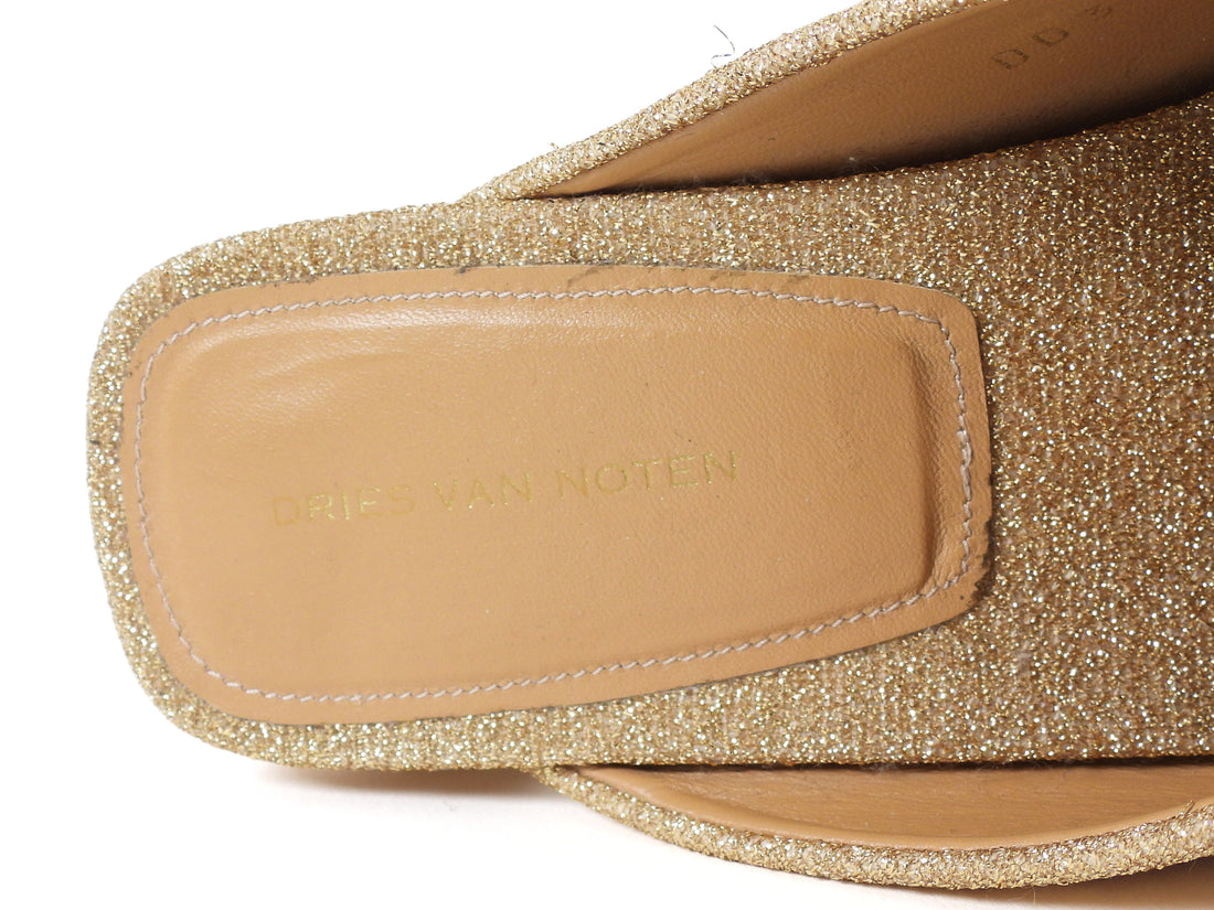 Dries van Noten Gold Glitter Fabric Open Toe Block Heel Mules - 38.5