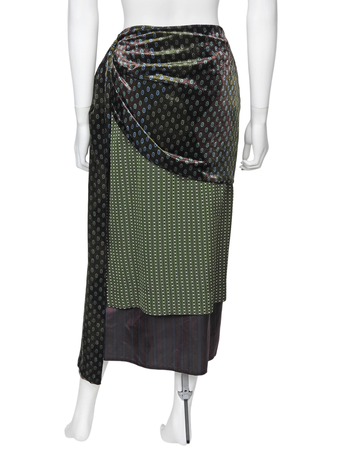 Dries van Noten Olive Burgundy Senice Velvet Draped Layered Midi Skirt - 36 /. US 4