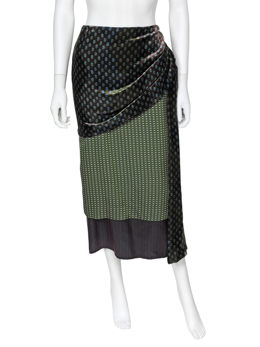 Dries van Noten Olive Burgundy Senice Velvet Draped Layered Midi Skirt - 36 /. US 4