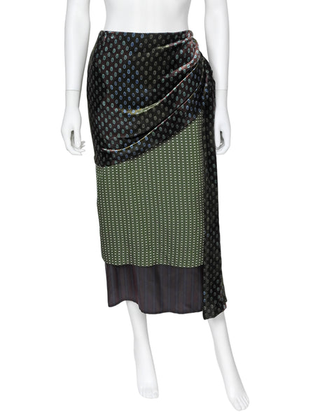 Dries van Noten Olive Burgundy Senice Velvet Draped Layered Midi Skirt - 36 /. US 4