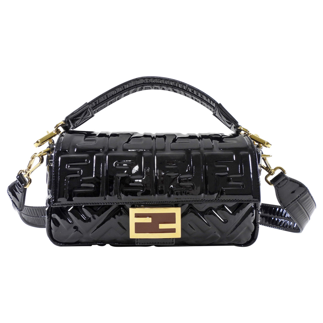 Fendi Baguette FF Zucca Embossed Black Patent Leather Two Way Shoulder Bag