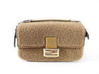 Fendi Brown Shearling Double Flap Baguette Bag