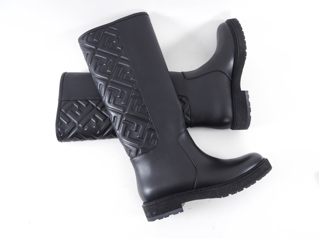 Fendi FF Embossed Black Leather Tall Boot - 36