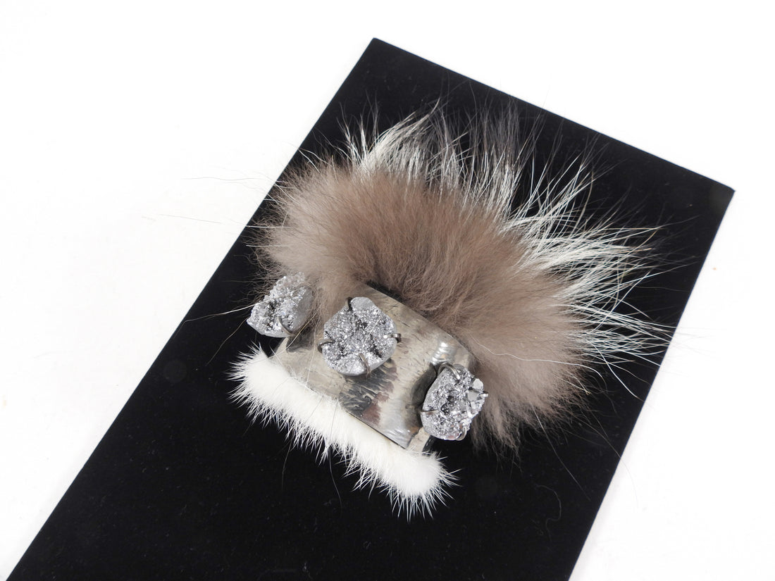 Fendi Silver Fox Fur Druzy Quartz Cuff Bracelet
