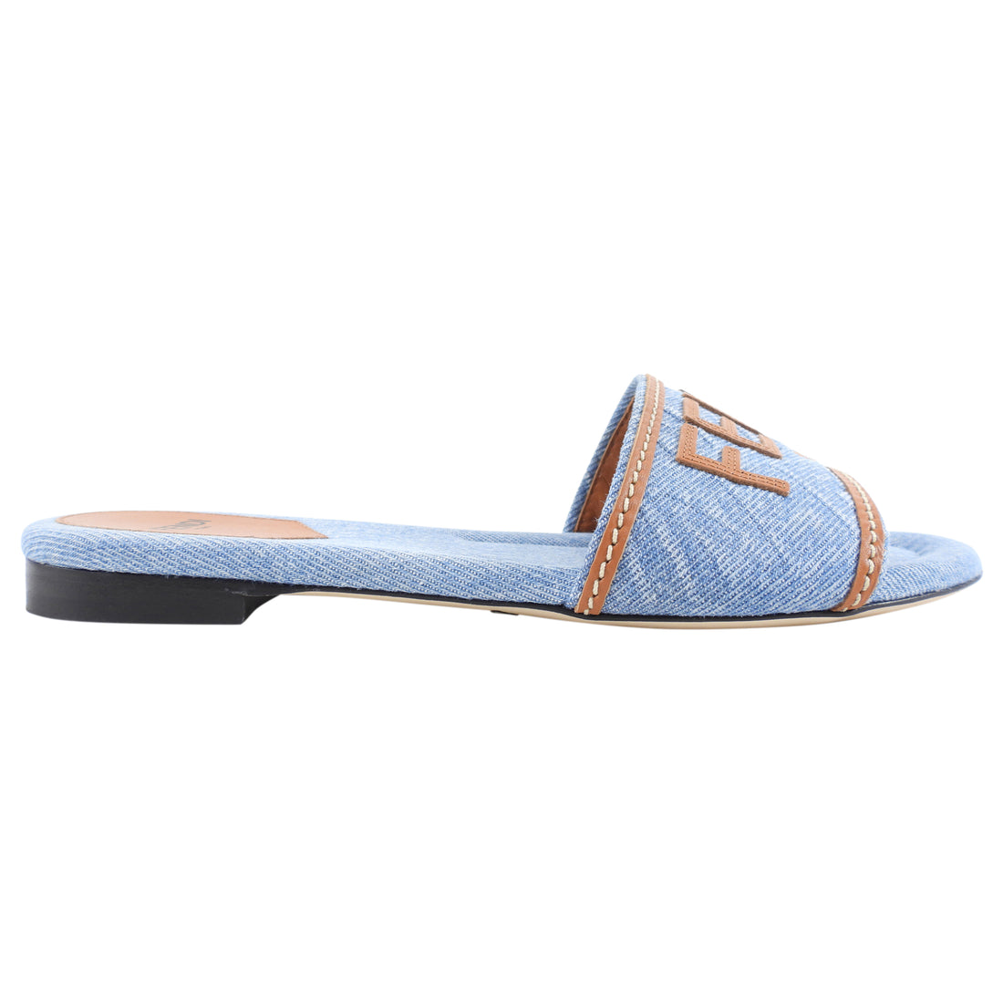 Fendi Blue Denim and Tan Leather Logo Flat Sandals - 37