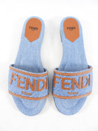 Fendi Blue Denim and Tan Leather Logo Flat Sandals - 37