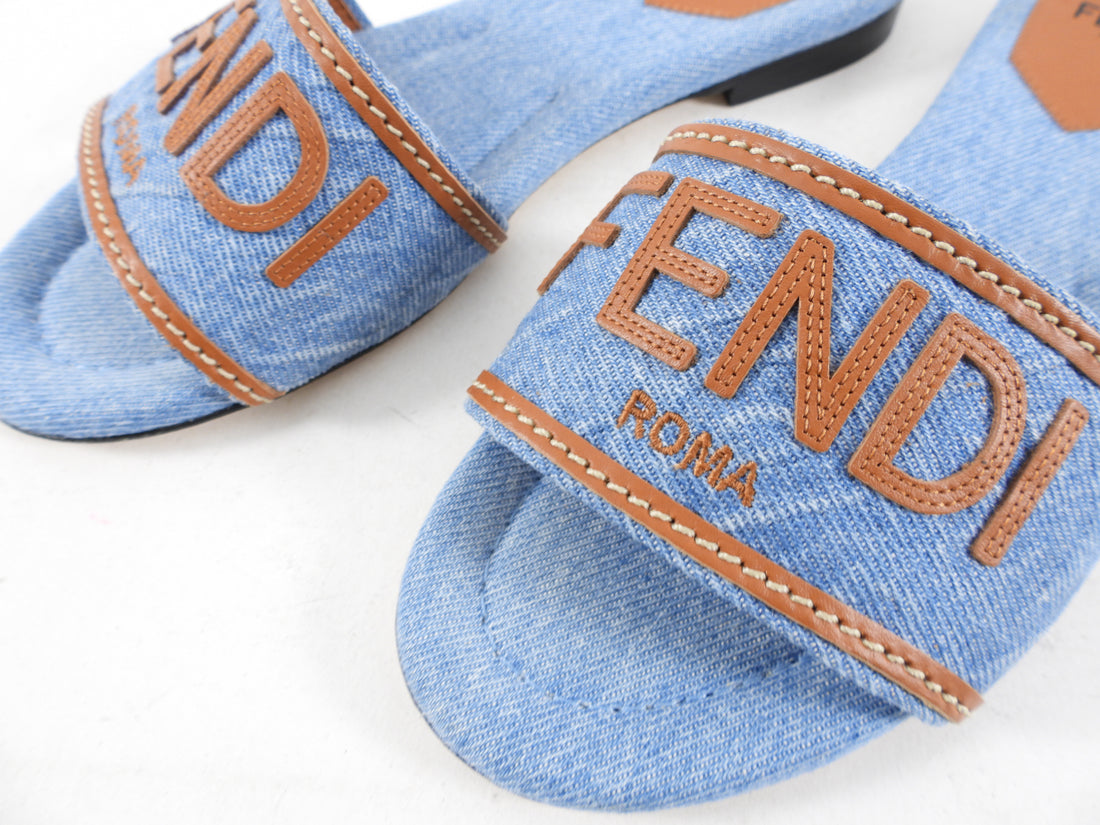 Fendi Blue Denim and Tan Leather Logo Flat Sandals - 37