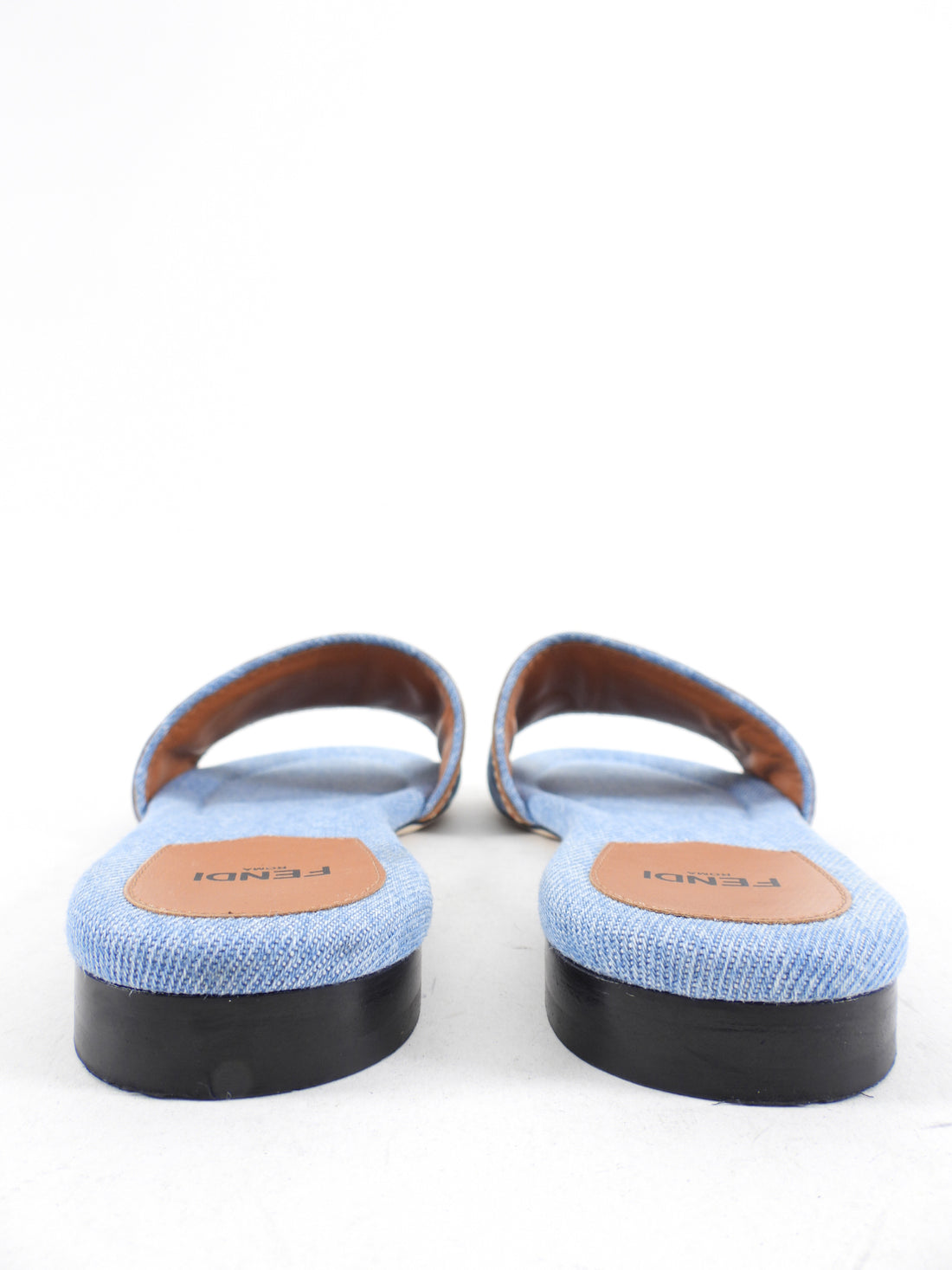 Fendi Blue Denim and Tan Leather Logo Flat Sandals - 37