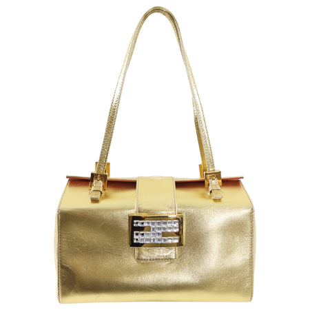 Fendi Vintage Late 1990's Gold Leather Crystal Baguette Box Bag