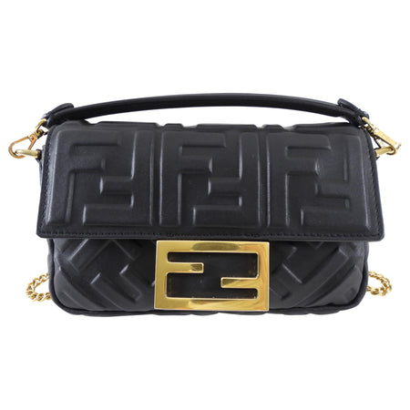Fendi Black Embossed FF Leather 1974 Mini Baguette Chain Bag