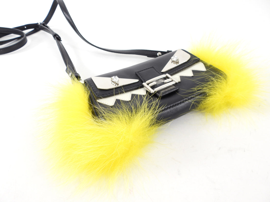 Fendi Black Leather and Yellow Fur Micro Monster Baguette Crossbody Bag