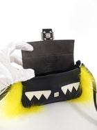 Fendi Black Leather and Yellow Fur Micro Monster Baguette Crossbody Bag