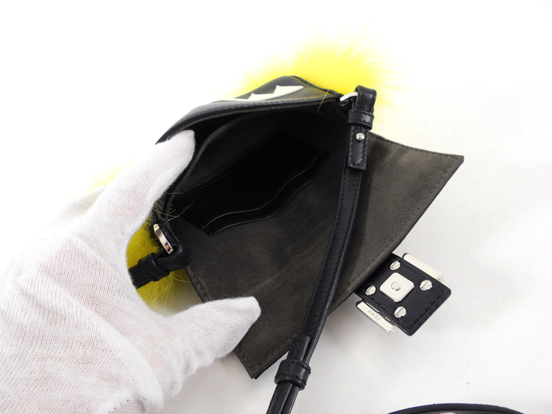 Fendi Black Leather and Yellow Fur Micro Monster Baguette Crossbody Bag