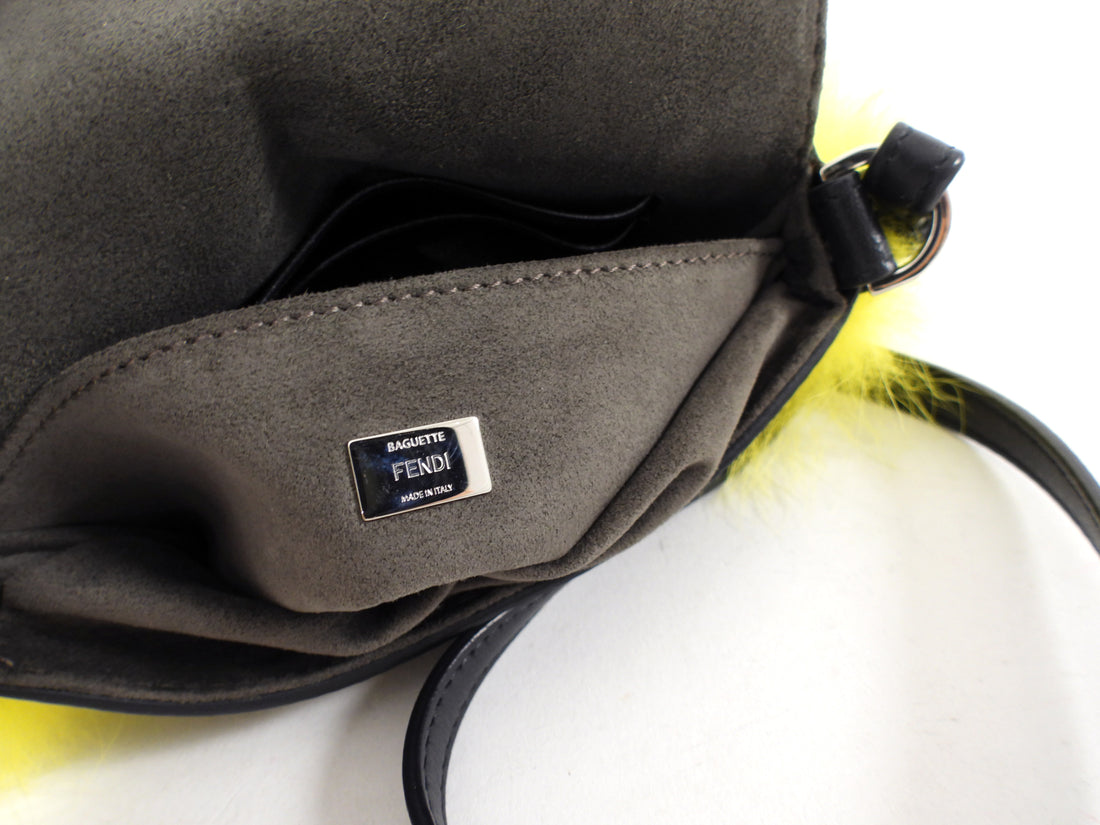 Fendi Black Leather and Yellow Fur Micro Monster Baguette Crossbody Bag