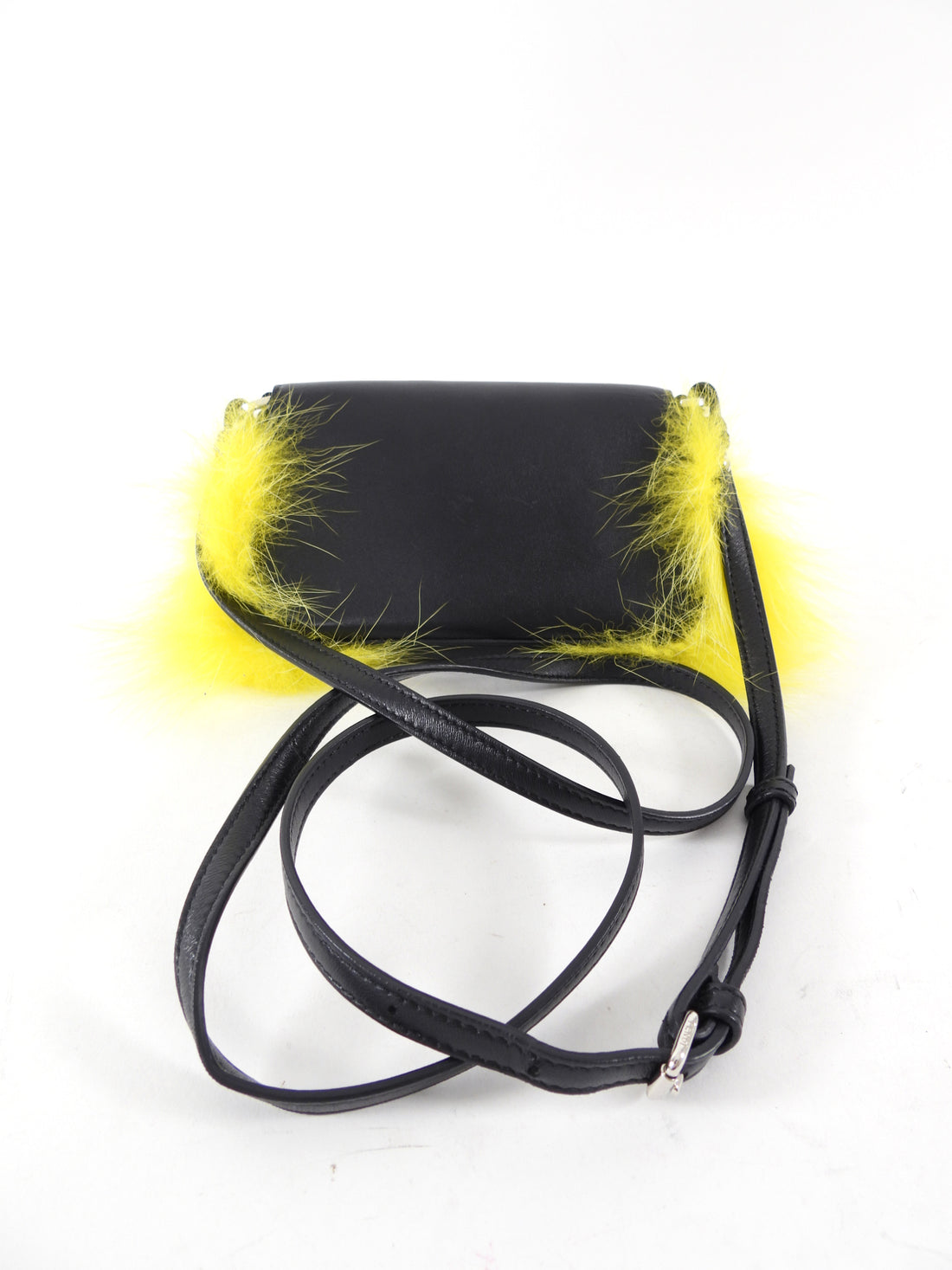 Fendi Black Leather and Yellow Fur Micro Monster Baguette Crossbody Bag