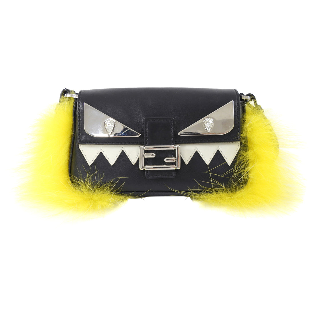 Fendi Black Leather and Yellow Fur Micro Monster Baguette Crossbody Bag