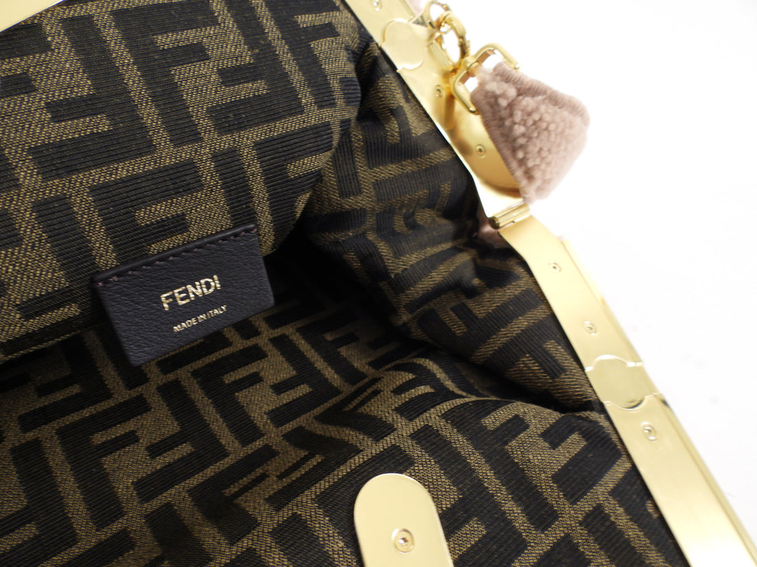 Fendi First Medium Light Beige Shearling Teddy Frame Bag