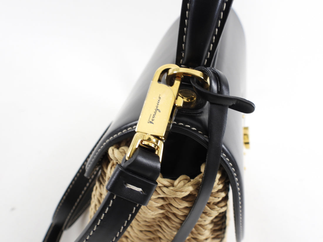 Ferragamo Black Leather and Wicker Small Boxyz Bag