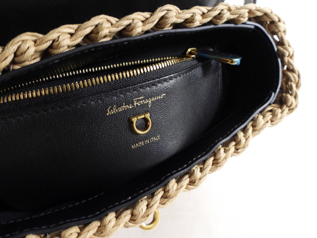 Ferragamo Black Leather and Wicker Small Boxyz Bag