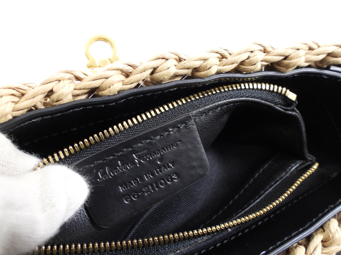 Ferragamo Black Leather and Wicker Small Boxyz Bag