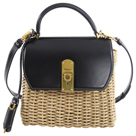 Ferragamo Black Leather and Wicker Small Boxyz Bag