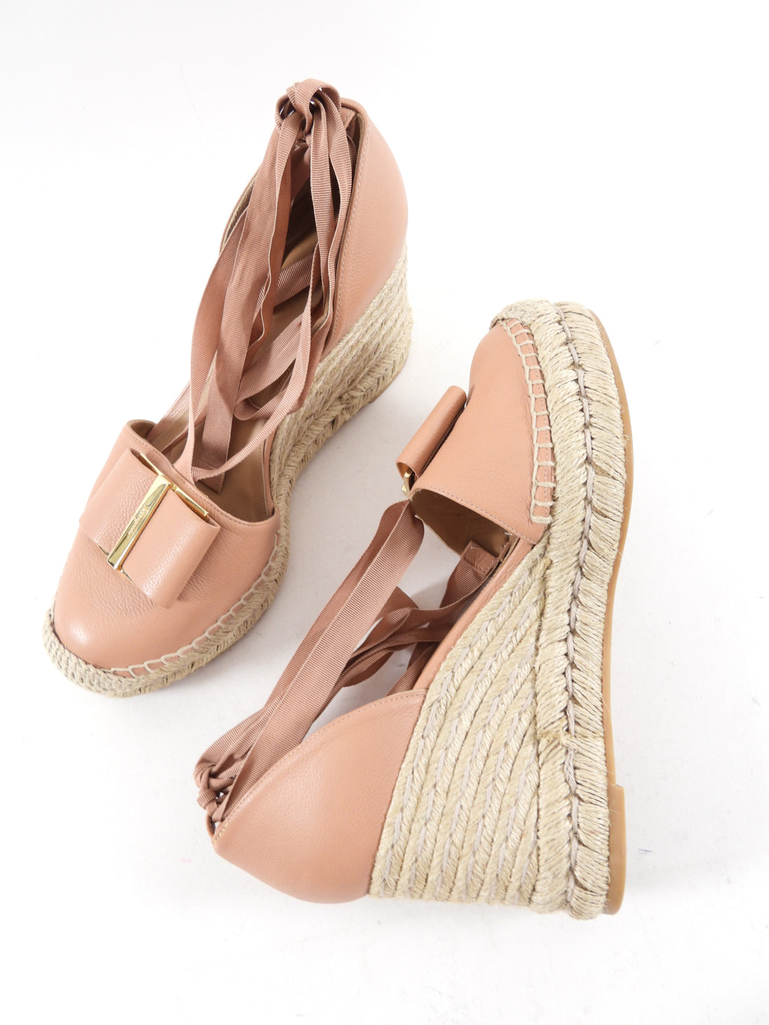 Ferragamo Nude Leather Espadrille Wedge Sandals - 9C