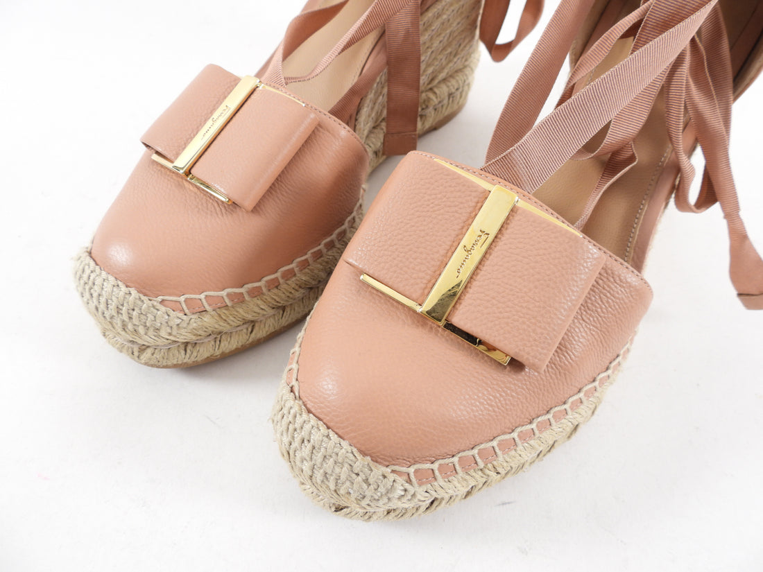 Ferragamo Nude Leather Espadrille Wedge Sandals - 9C