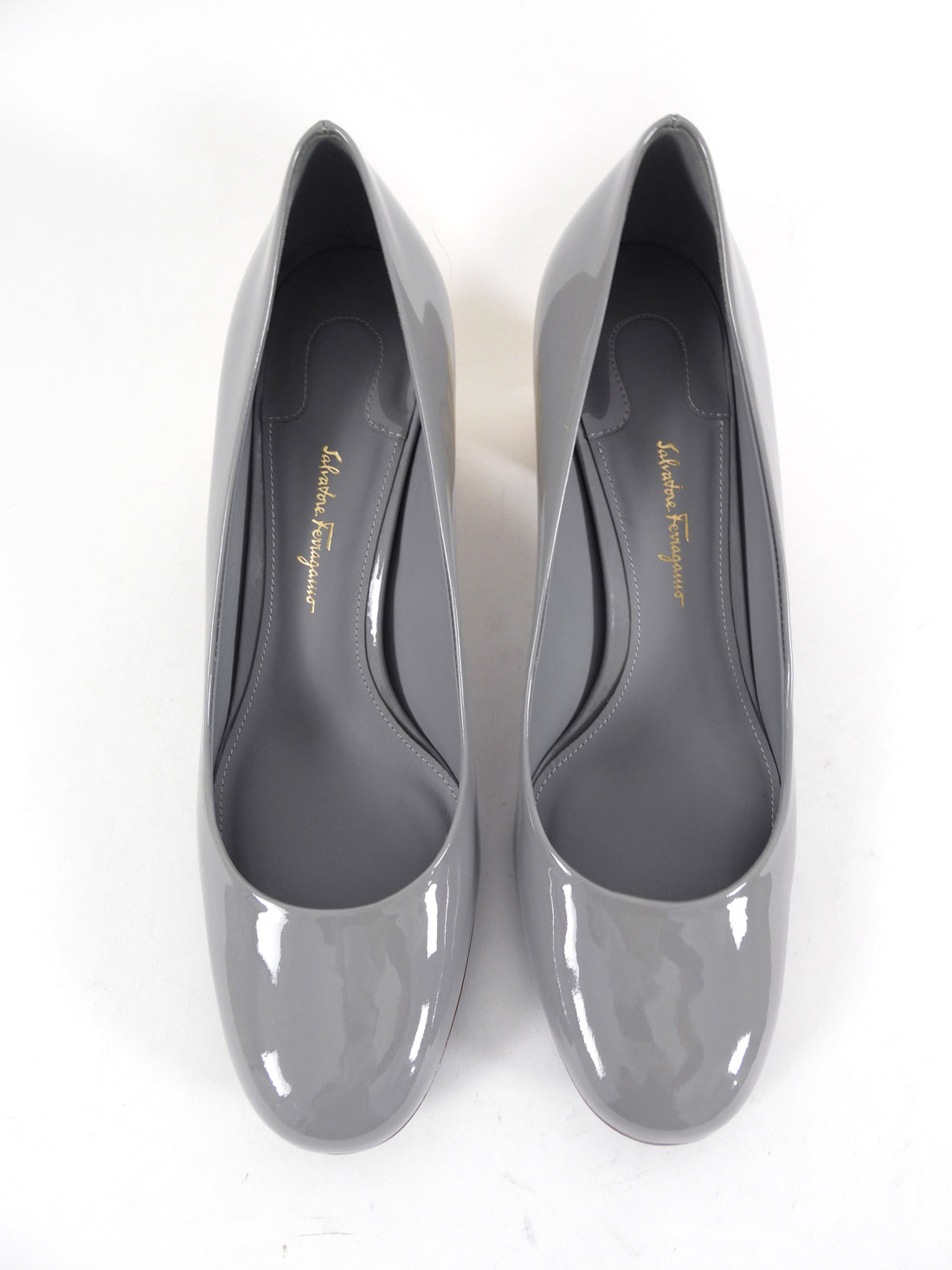 Ferragamo Grey Patent Leather Metal Heel Pumps - 9.5