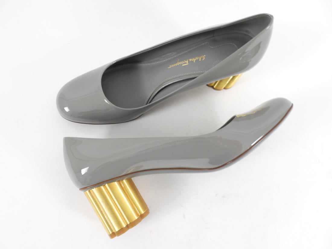 Ferragamo Grey Patent Leather Metal Heel Pumps - 9.5