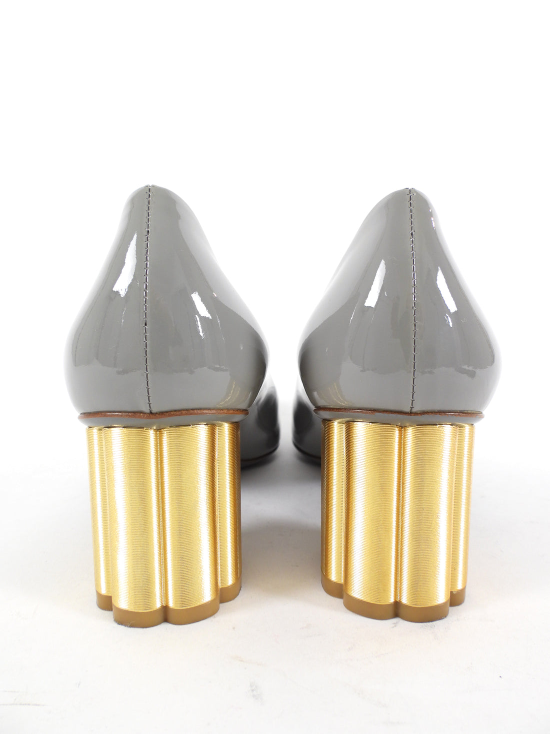 Ferragamo Grey Patent Leather Metal Heel Pumps - 9.5