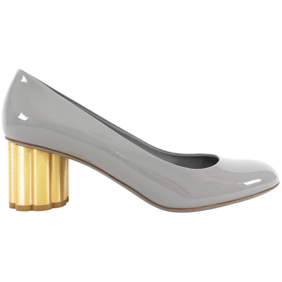 Ferragamo Grey Patent Leather Metal Heel Pumps - 9.5