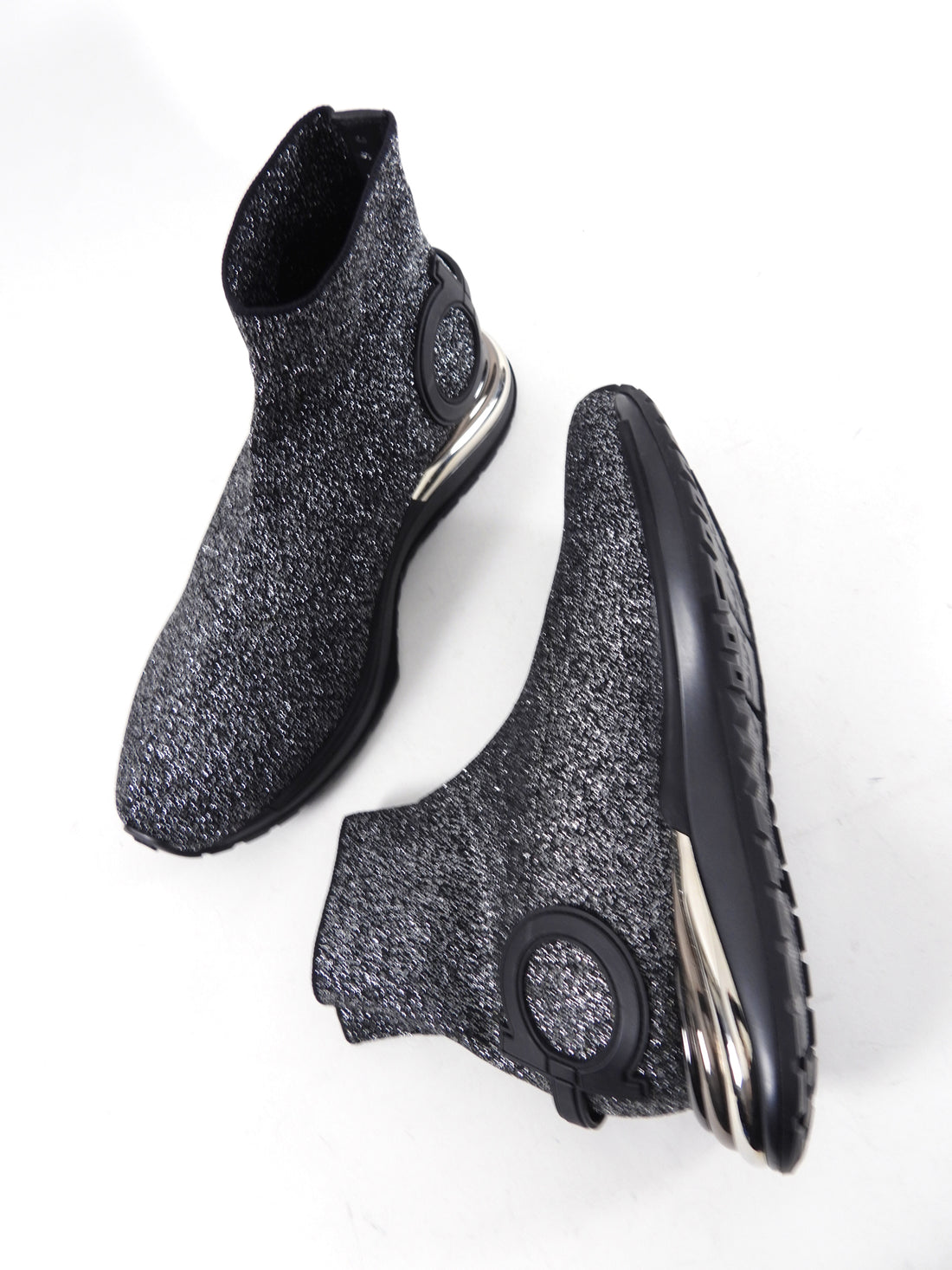 Ferragamo Silver Sparkle Gancini Stretch Sock Sneaker - 9C