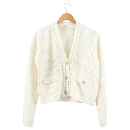 Frame Ivory Boucle Knit Cardigan Sweater with Gold Buttons - S