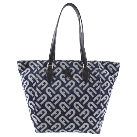 Furla Navy Monogram Canvas Tote Bag