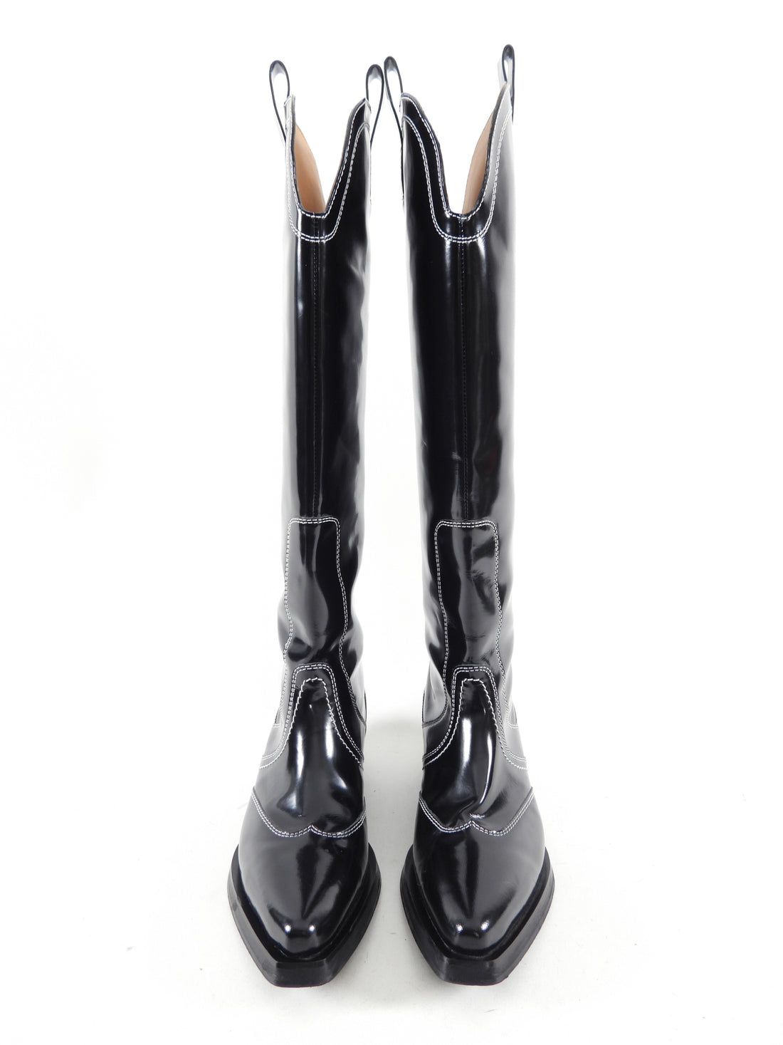 Ganni Black Shiny Leather Top Stitch Tall Western Boots 40