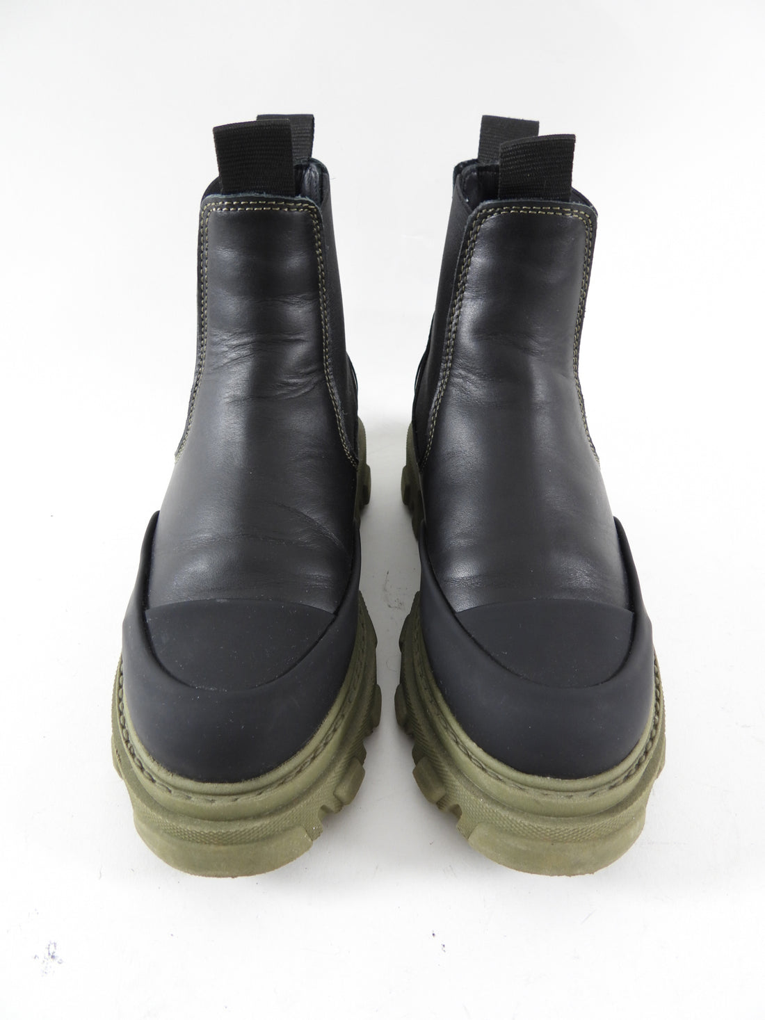 Ganni Black Leather and Green Track Sole Ankle Boots - 36