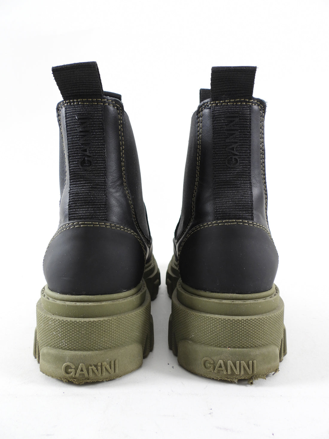 Ganni Black Leather and Green Track Sole Ankle Boots - 36